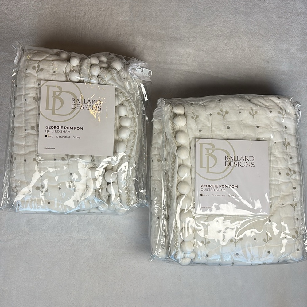 Ballard Designs Georgie Pom Pom Euro Shams Set of 2 Gray White 26x26 NWT